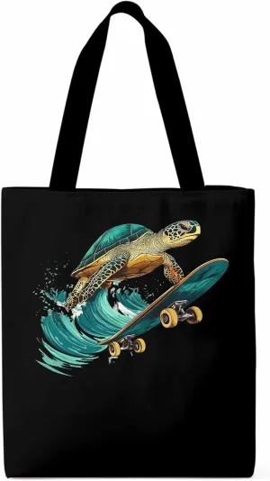 Canvas Tote Bag, Teal Sea Turtle Surfing Aesthetic Canvas Tote Handbags for Women Shoulder Bag