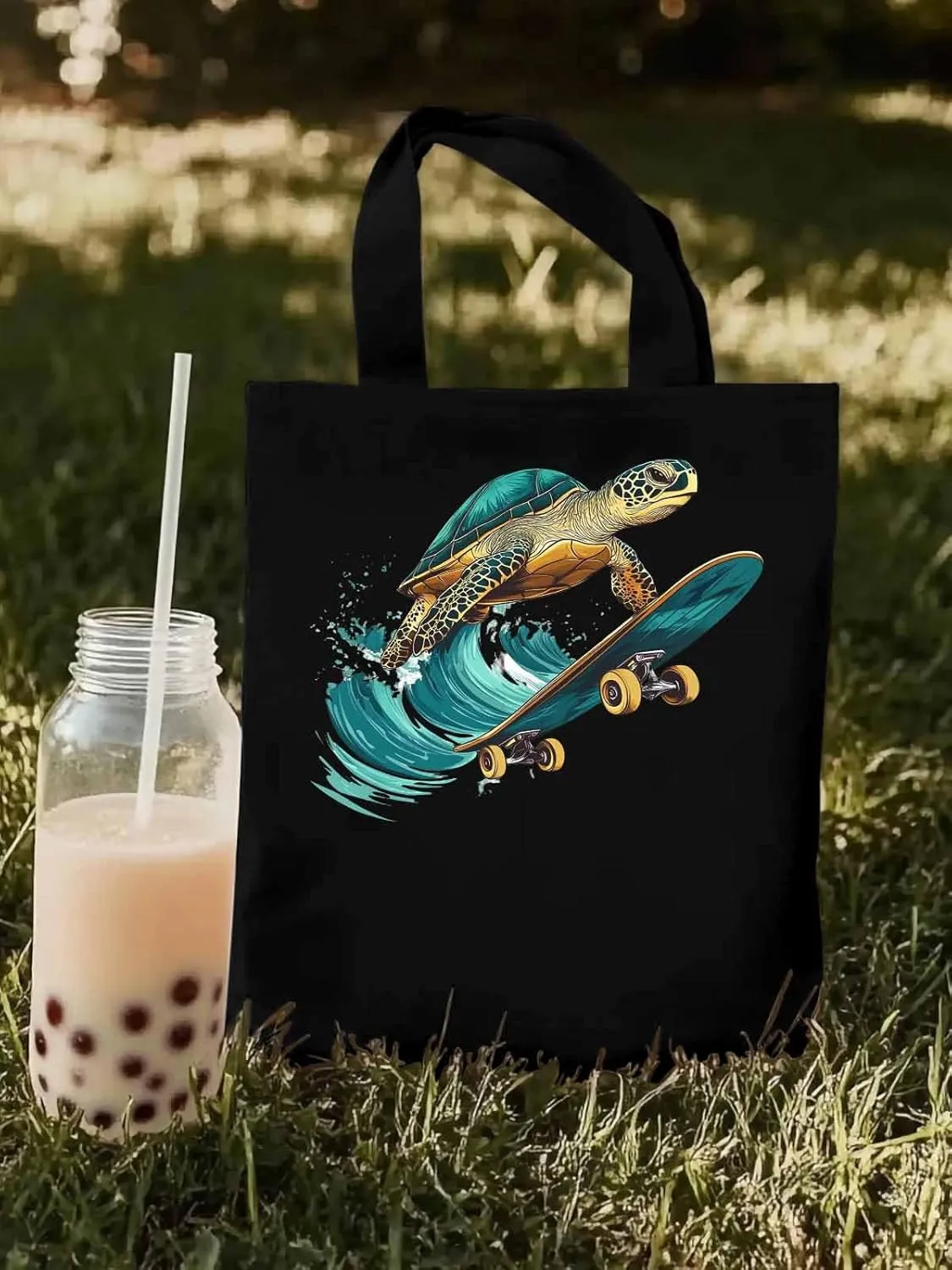 Canvas Tote Bag, Teal Sea Turtle Surfing Aesthetic Canvas Tote Handbags for Women Shoulder Bag