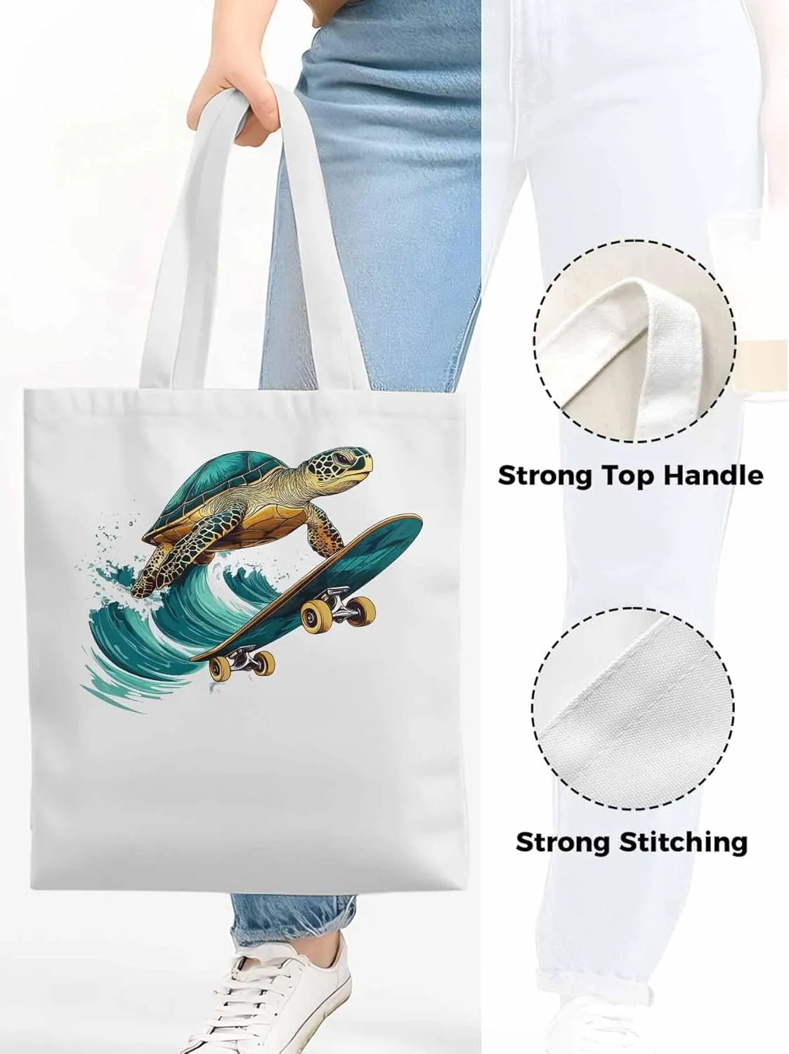 Canvas Tote Bag, Teal Sea Turtle Surfing Aesthetic Canvas Tote Handbags for Women Shoulder Bag