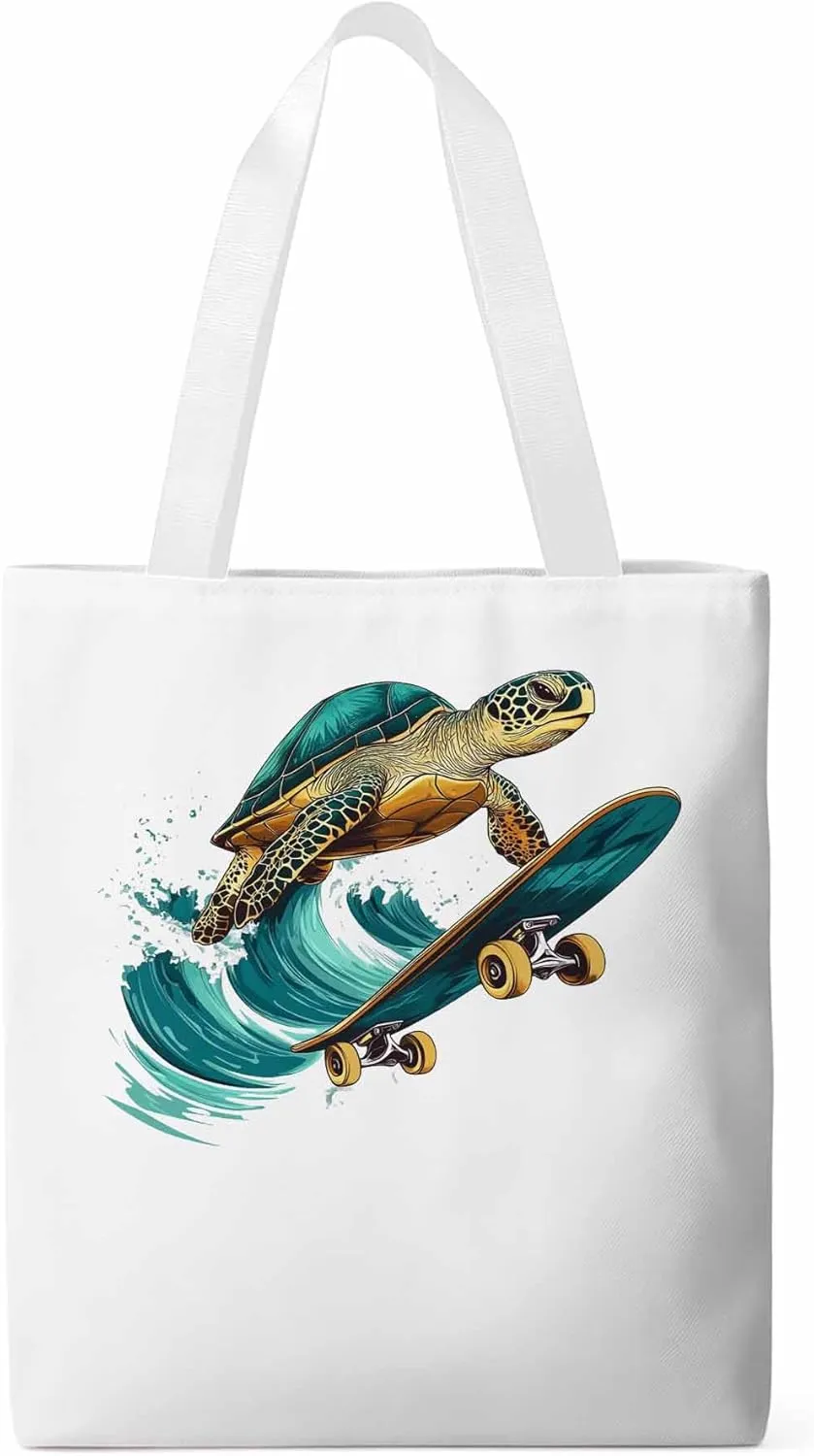 Canvas Tote Bag, Teal Sea Turtle Surfing Aesthetic Canvas Tote Handbags for Women Shoulder Bag