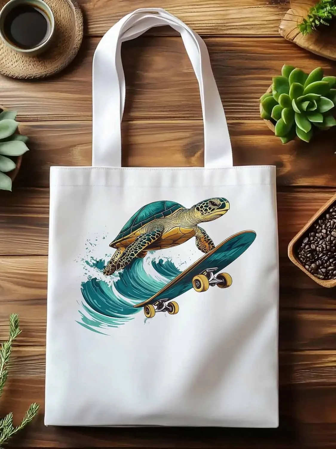 Canvas Tote Bag, Teal Sea Turtle Surfing Aesthetic Canvas Tote Handbags for Women Shoulder Bag
