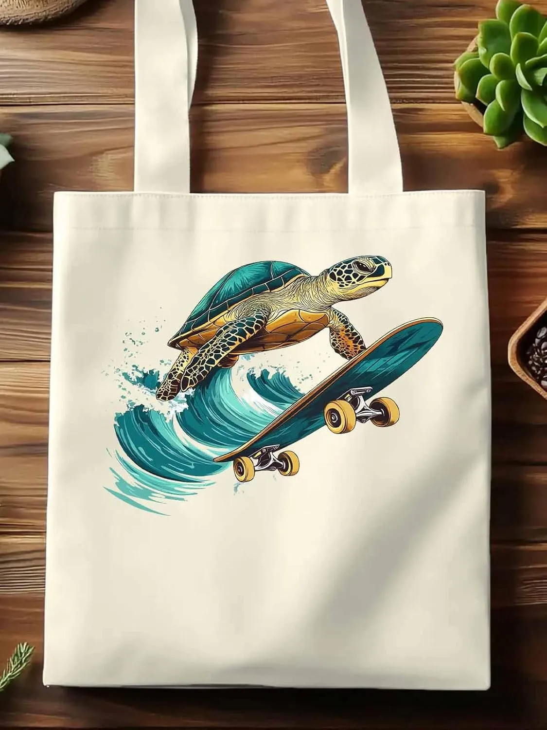Canvas Tote Bag, Teal Sea Turtle Surfing Aesthetic Canvas Tote Handbags for Women Shoulder Bag
