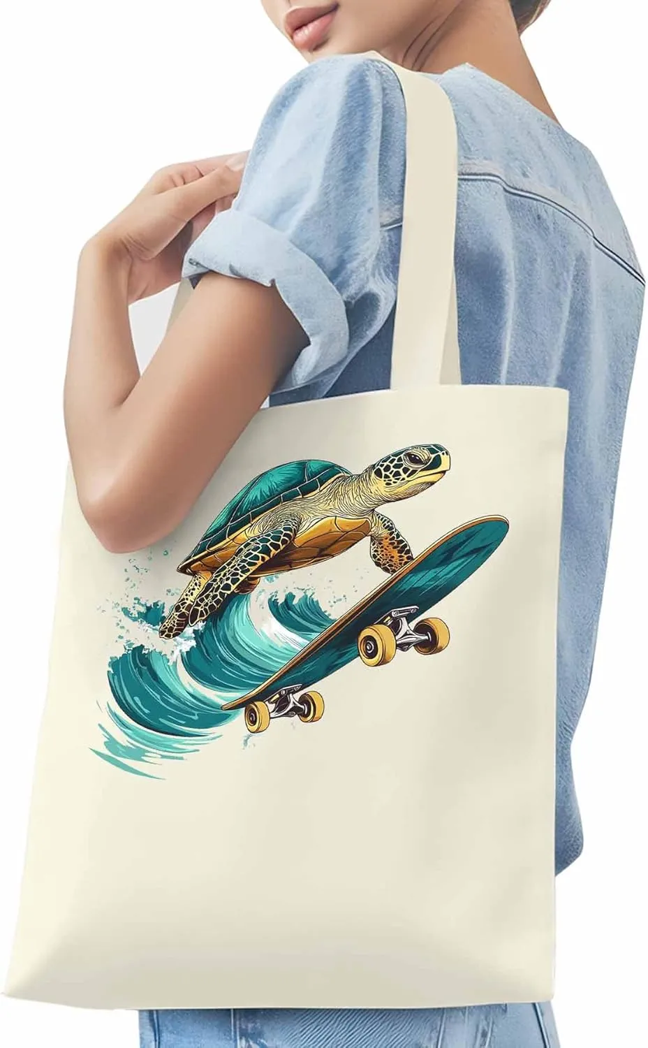 Canvas Tote Bag, Teal Sea Turtle Surfing Aesthetic Canvas Tote Handbags for Women Shoulder Bag