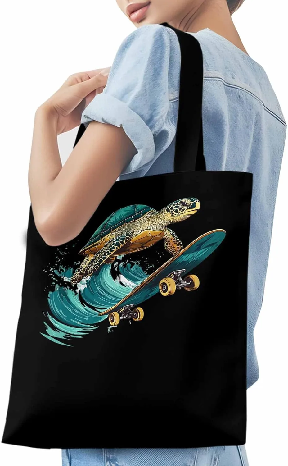 Canvas Tote Bag, Teal Sea Turtle Surfing Aesthetic Canvas Tote Handbags for Women Shoulder Bag
