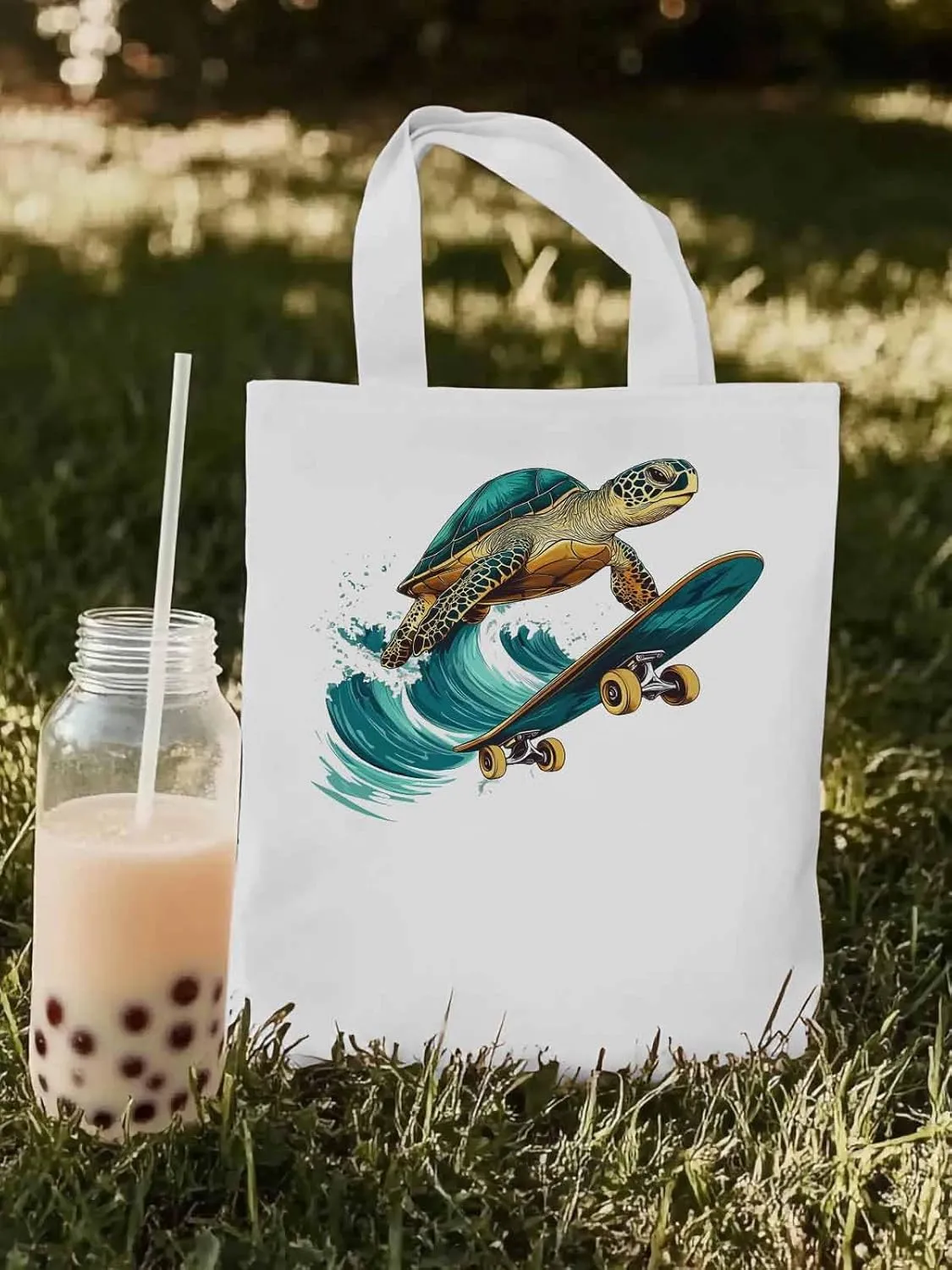 Canvas Tote Bag, Teal Sea Turtle Surfing Aesthetic Canvas Tote Handbags for Women Shoulder Bag