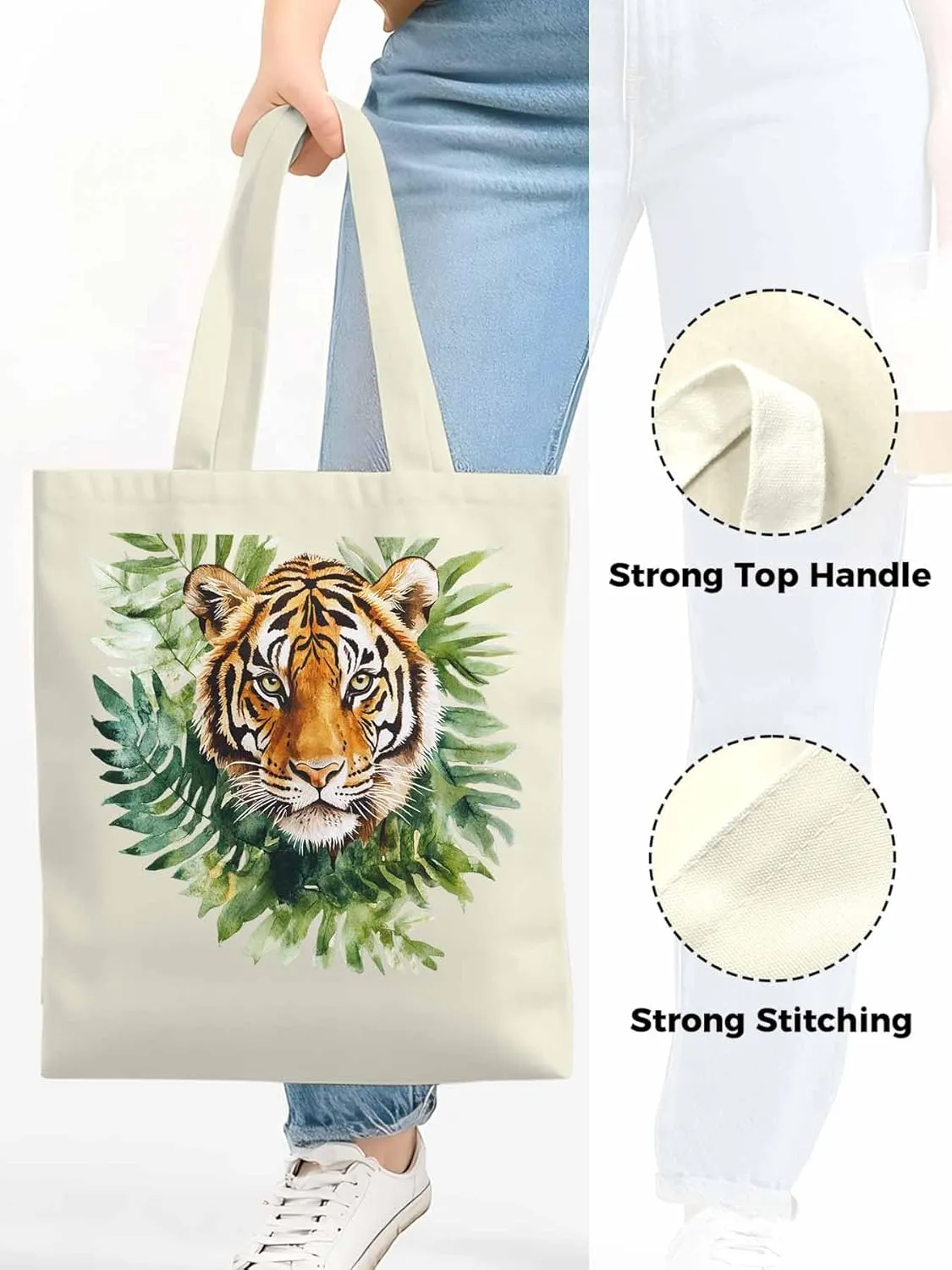 Canvas Tote Bag, Tiger Head Tropical Leaves Aesthetic Canvas Tote Handbags for Women Shoulder Bag,