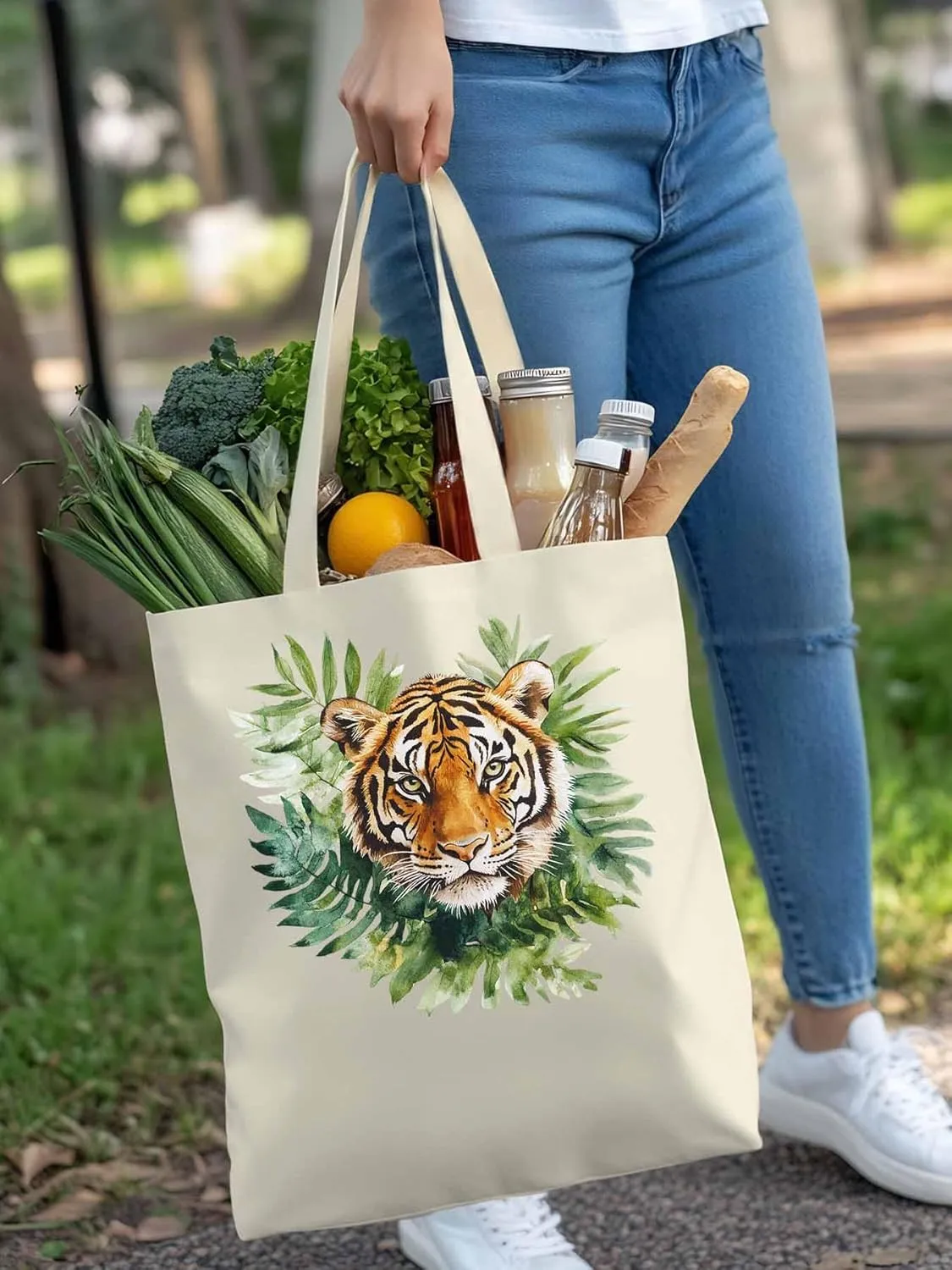 Canvas Tote Bag, Tiger Head Tropical Leaves Aesthetic Canvas Tote Handbags for Women Shoulder Bag,