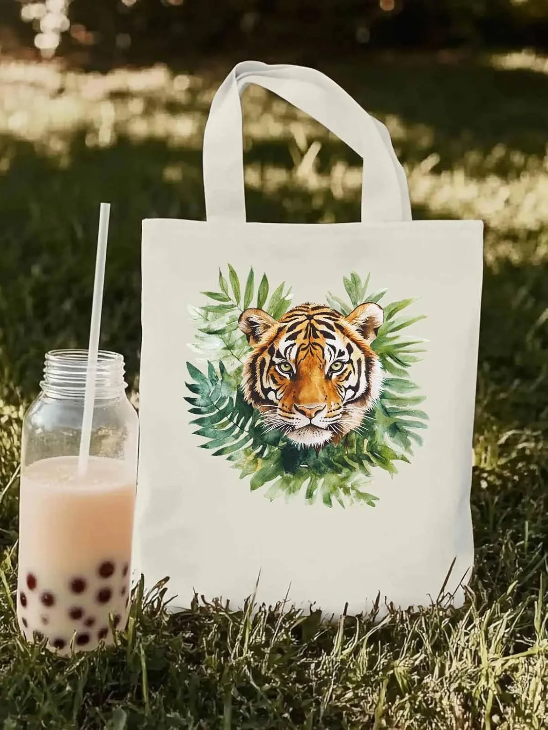 Canvas Tote Bag, Tiger Head Tropical Leaves Aesthetic Canvas Tote Handbags for Women Shoulder Bag,