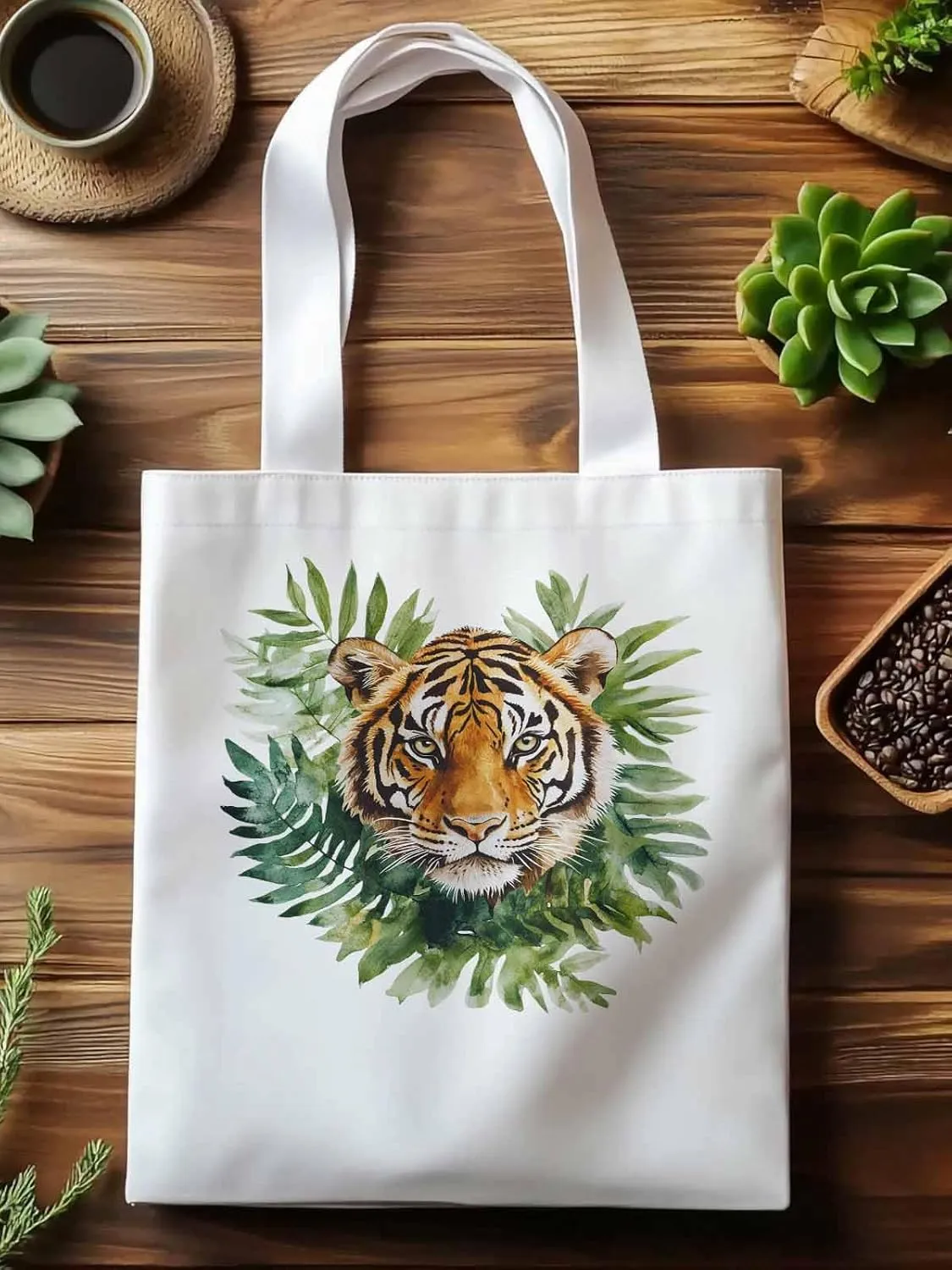 Canvas Tote Bag, Tiger Head Tropical Leaves Aesthetic Canvas Tote Handbags for Women Shoulder Bag,