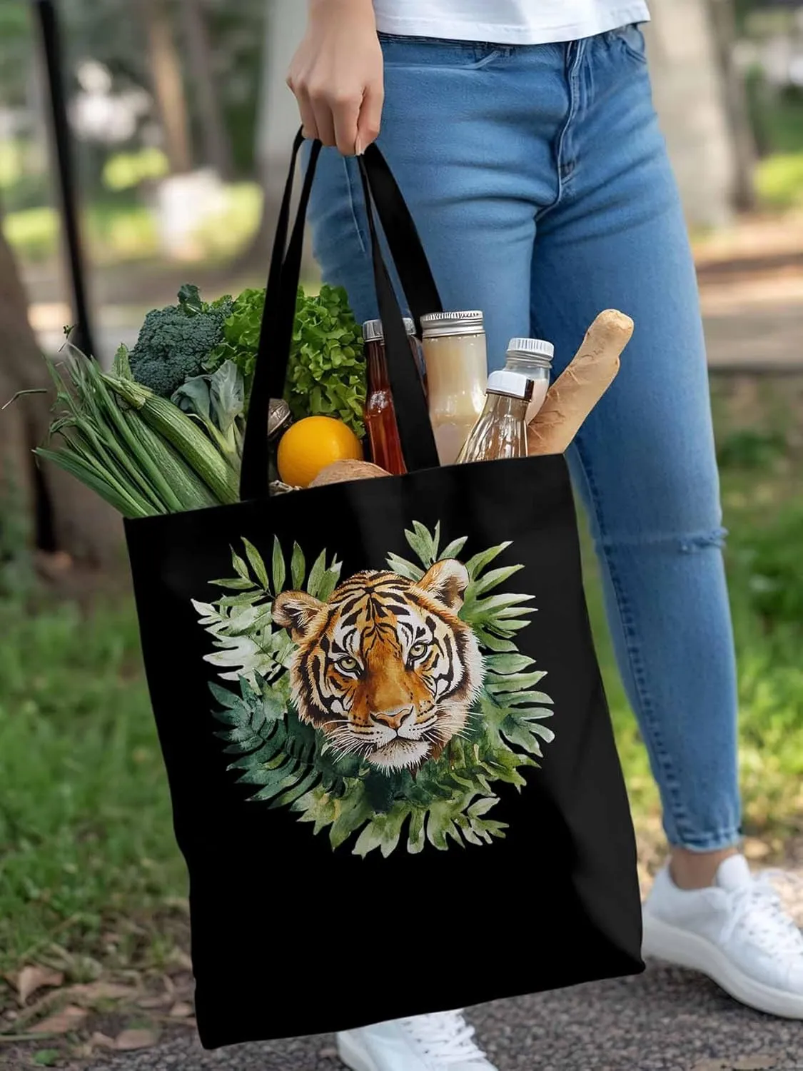 Canvas Tote Bag, Tiger Head Tropical Leaves Aesthetic Canvas Tote Handbags for Women Shoulder Bag,