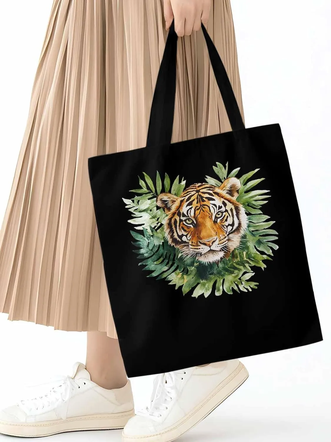 Canvas Tote Bag, Tiger Head Tropical Leaves Aesthetic Canvas Tote Handbags for Women Shoulder Bag,