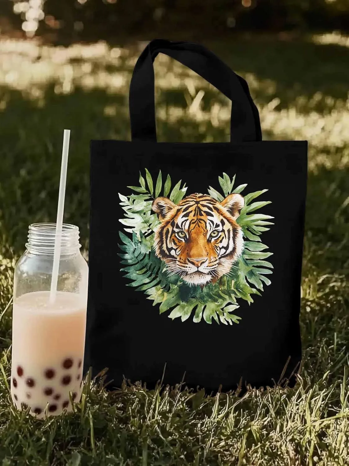 Canvas Tote Bag, Tiger Head Tropical Leaves Aesthetic Canvas Tote Handbags for Women Shoulder Bag,