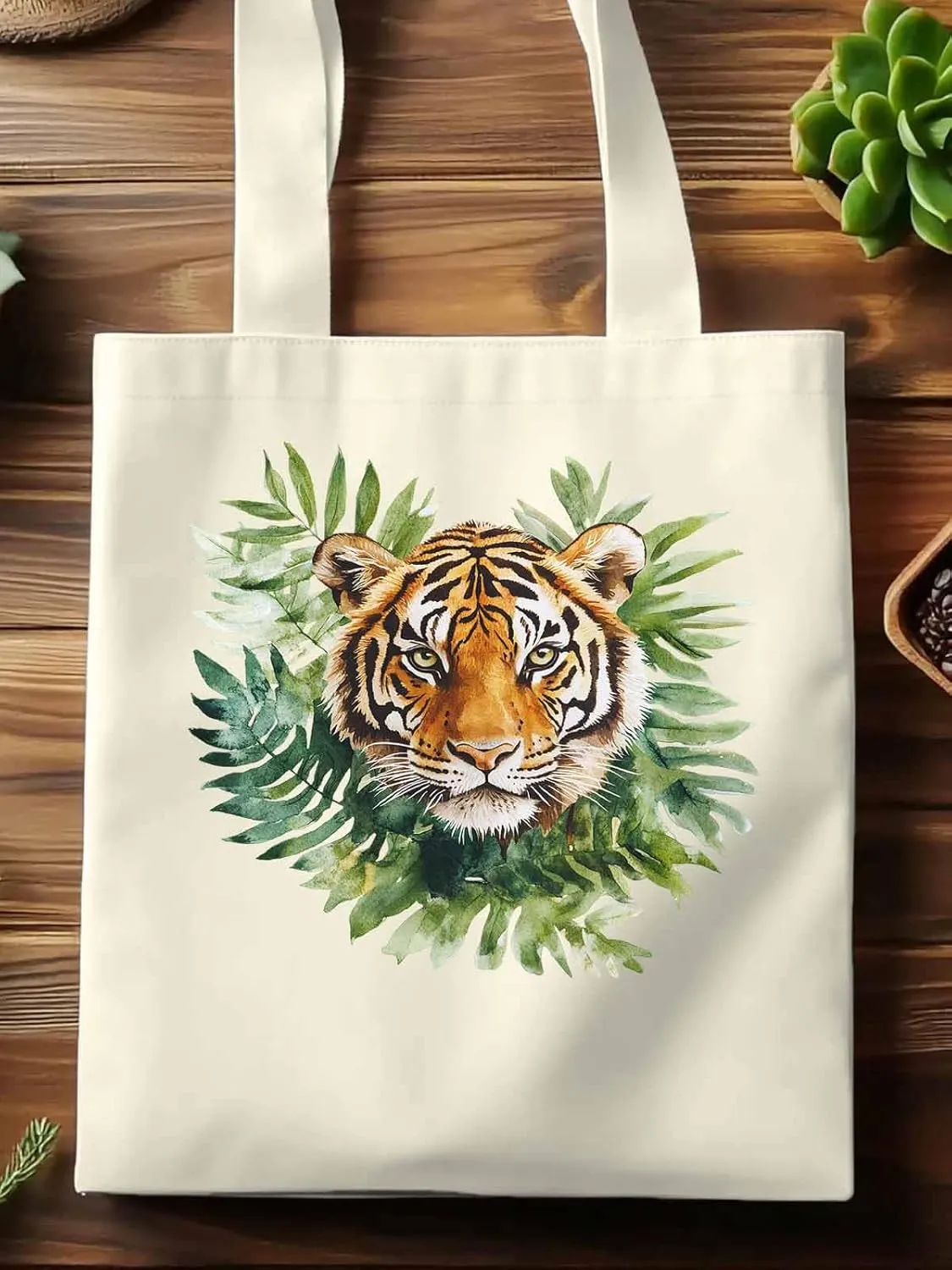 Canvas Tote Bag, Tiger Head Tropical Leaves Aesthetic Canvas Tote Handbags for Women Shoulder Bag,