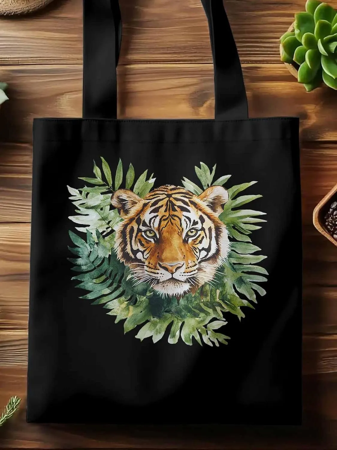 Canvas Tote Bag, Tiger Head Tropical Leaves Aesthetic Canvas Tote Handbags for Women Shoulder Bag,