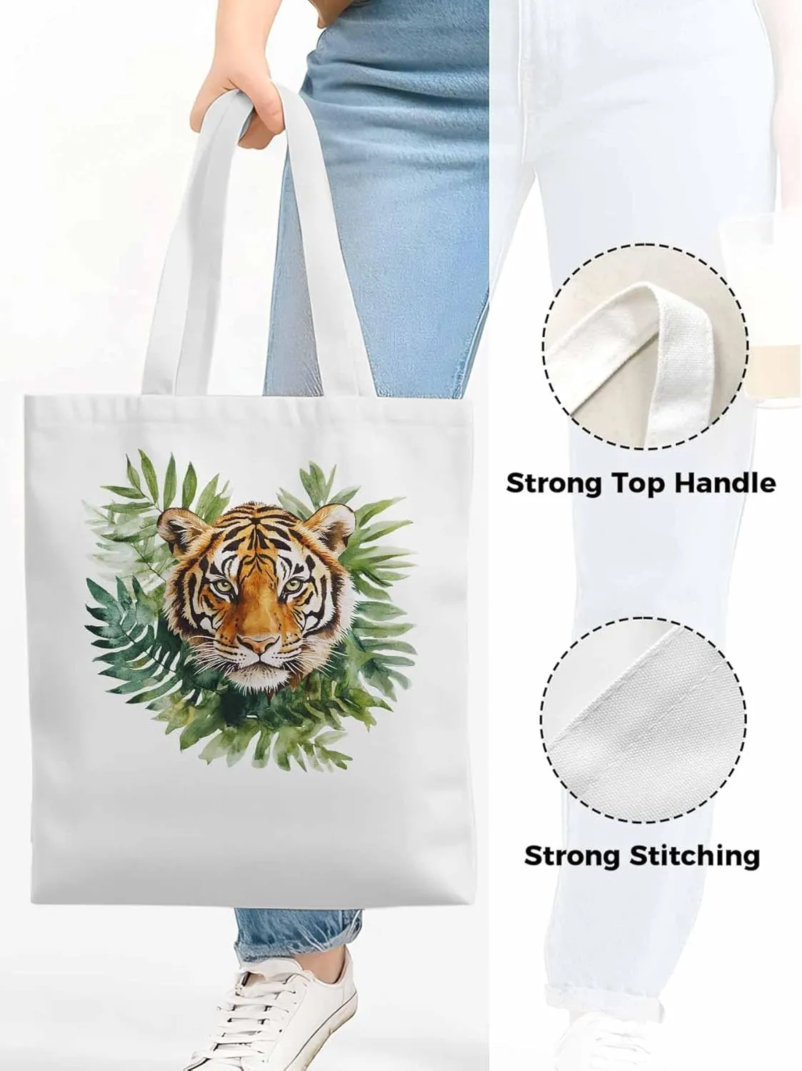 Canvas Tote Bag, Tiger Head Tropical Leaves Aesthetic Canvas Tote Handbags for Women Shoulder Bag,