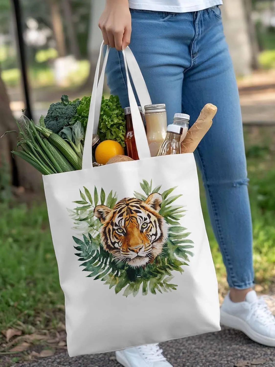 Canvas Tote Bag, Tiger Head Tropical Leaves Aesthetic Canvas Tote Handbags for Women Shoulder Bag,