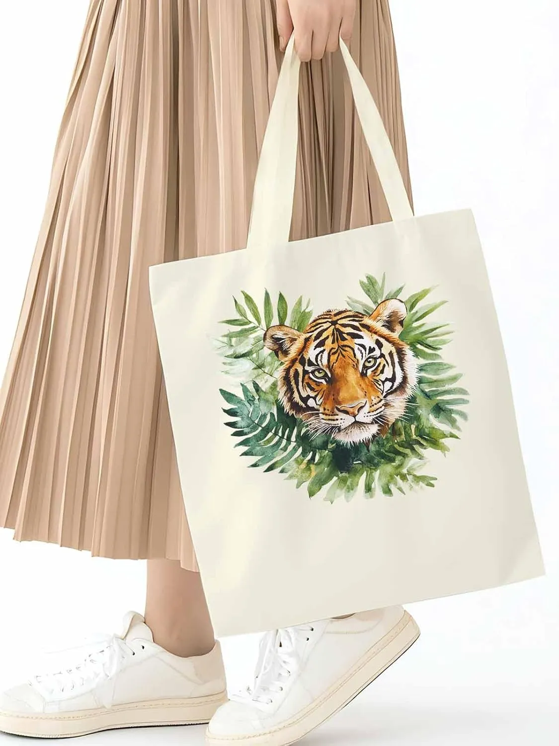 Canvas Tote Bag, Tiger Head Tropical Leaves Aesthetic Canvas Tote Handbags for Women Shoulder Bag,