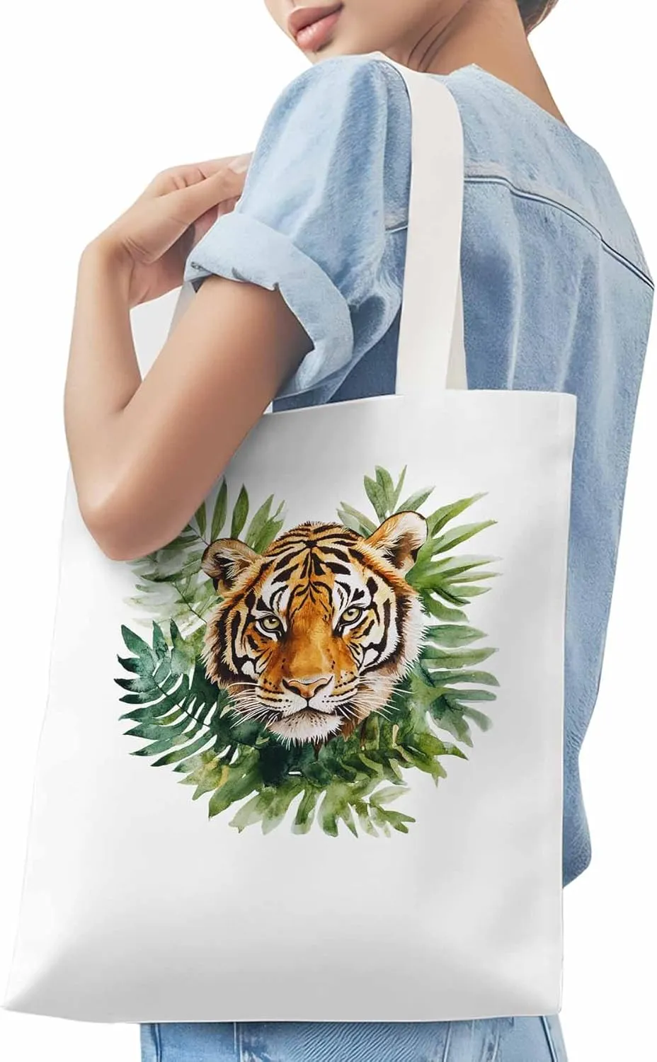 Canvas Tote Bag, Tiger Head Tropical Leaves Aesthetic Canvas Tote Handbags for Women Shoulder Bag,