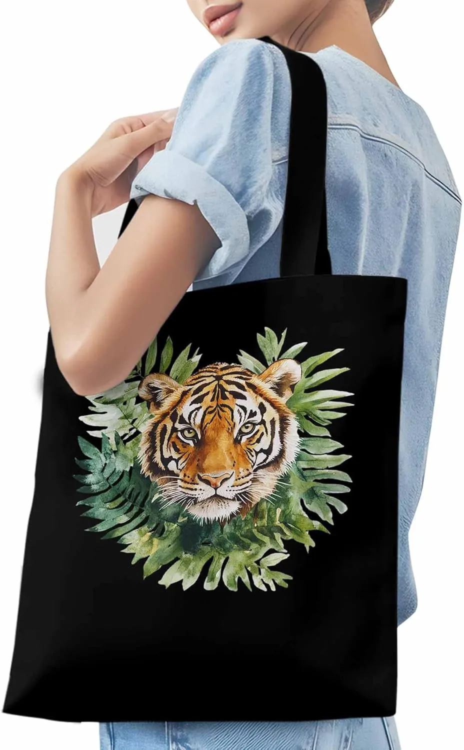 Canvas Tote Bag, Tiger Head Tropical Leaves Aesthetic Canvas Tote Handbags for Women Shoulder Bag,