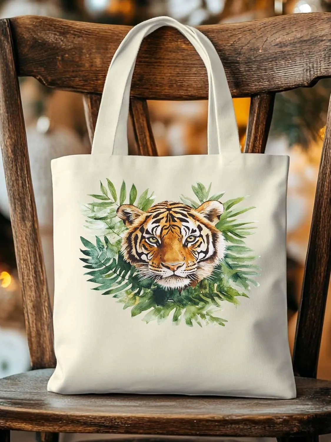 Canvas Tote Bag, Tiger Head Tropical Leaves Aesthetic Canvas Tote Handbags for Women Shoulder Bag,