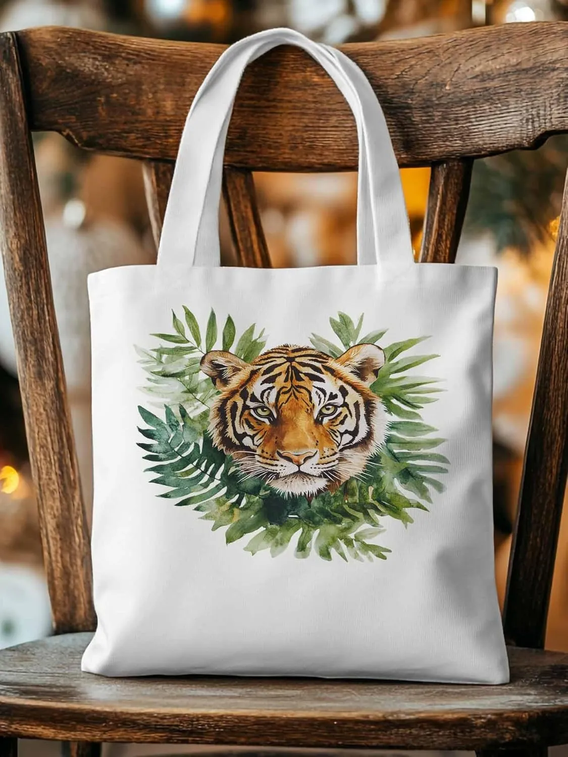 Canvas Tote Bag, Tiger Head Tropical Leaves Aesthetic Canvas Tote Handbags for Women Shoulder Bag,