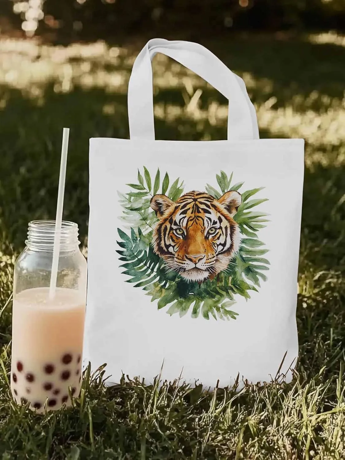Canvas Tote Bag, Tiger Head Tropical Leaves Aesthetic Canvas Tote Handbags for Women Shoulder Bag,