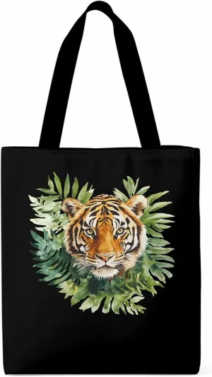 Canvas Tote Bag, Tiger Head Tropical Leaves Aesthetic Canvas Tote Handbags for Women Shoulder Bag,