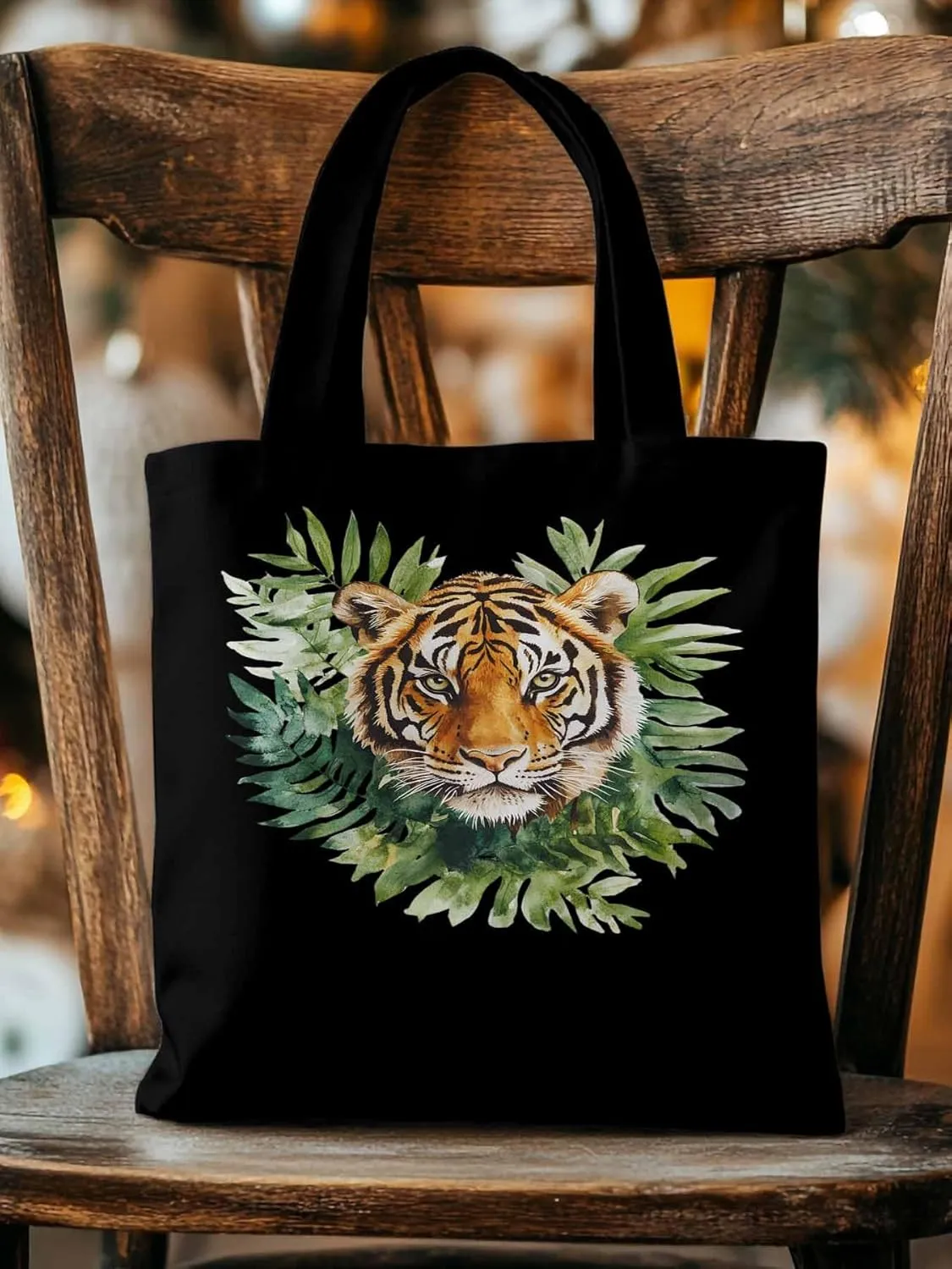 Canvas Tote Bag, Tiger Head Tropical Leaves Aesthetic Canvas Tote Handbags for Women Shoulder Bag,