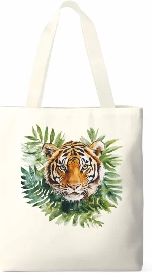 Canvas Tote Bag, Tiger Head Tropical Leaves Aesthetic Canvas Tote Handbags for Women Shoulder Bag,