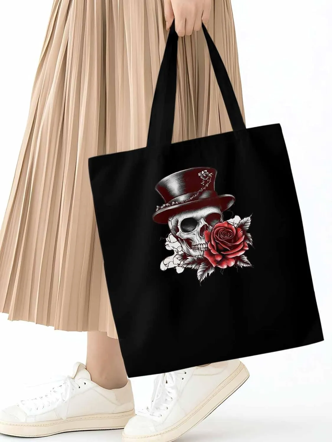 Canvas Tote Bag, Top Hat Skeleton Red Valentine's Rose Aesthetic Canvas Tote Handbags for Women Shoulder Bag