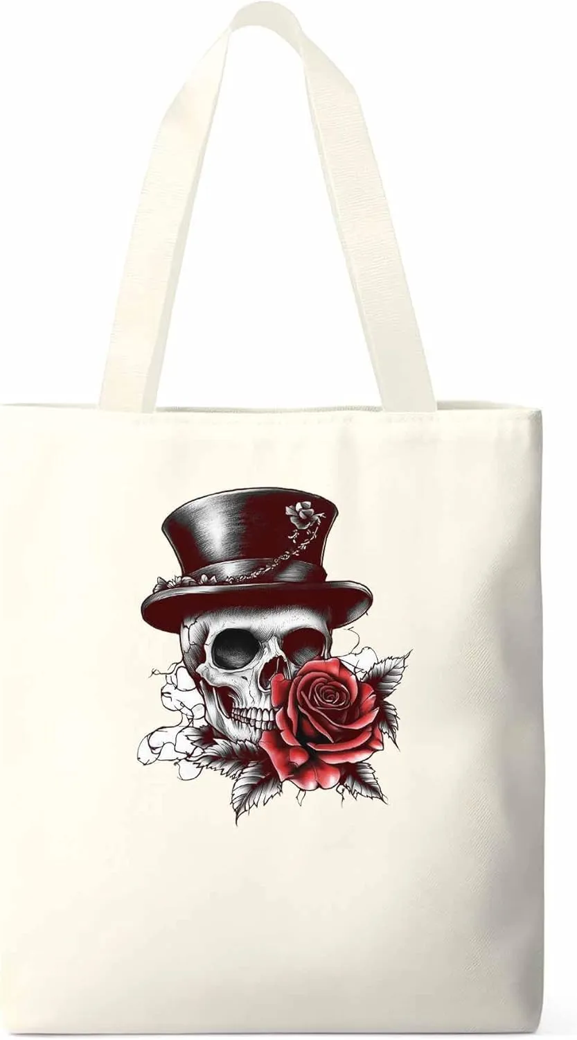 Canvas Tote Bag, Top Hat Skeleton Red Valentine's Rose Aesthetic Canvas Tote Handbags for Women Shoulder Bag