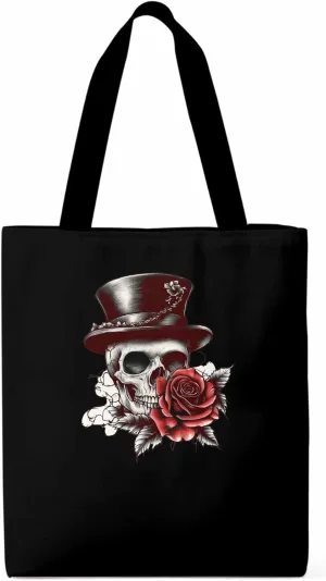 Canvas Tote Bag, Top Hat Skeleton Red Valentine's Rose Aesthetic Canvas Tote Handbags for Women Shoulder Bag