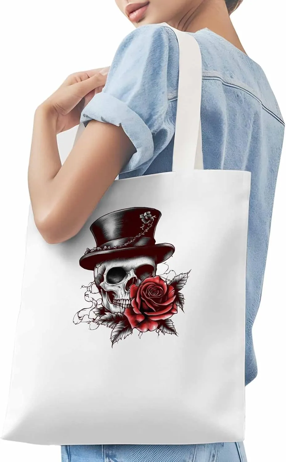Canvas Tote Bag, Top Hat Skeleton Red Valentine's Rose Aesthetic Canvas Tote Handbags for Women Shoulder Bag