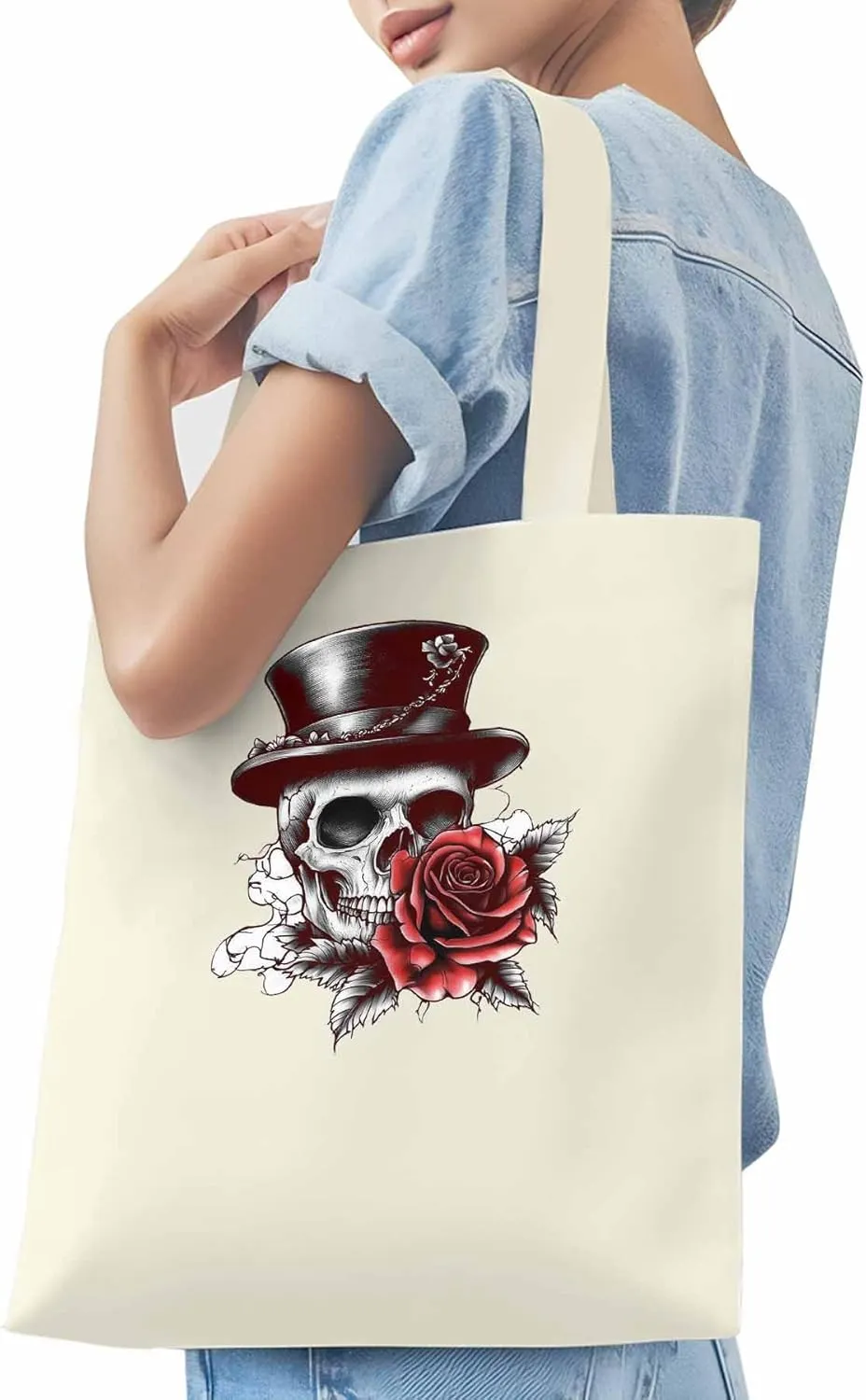 Canvas Tote Bag, Top Hat Skeleton Red Valentine's Rose Aesthetic Canvas Tote Handbags for Women Shoulder Bag