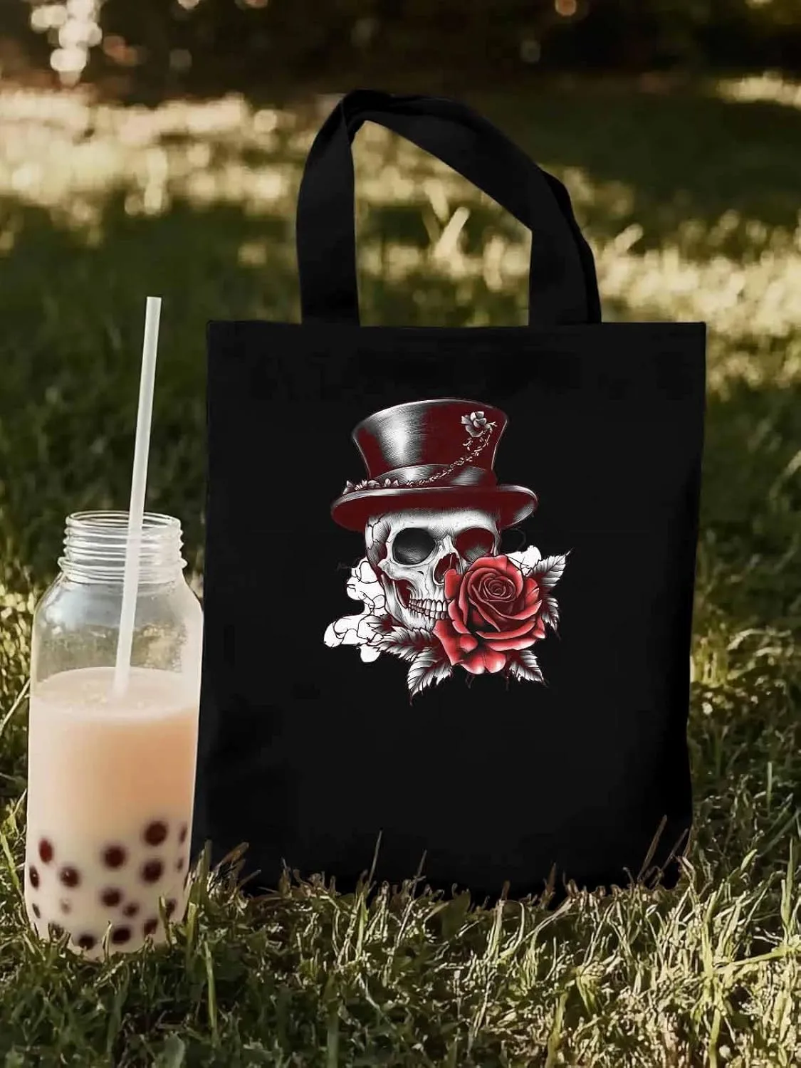 Canvas Tote Bag, Top Hat Skeleton Red Valentine's Rose Aesthetic Canvas Tote Handbags for Women Shoulder Bag