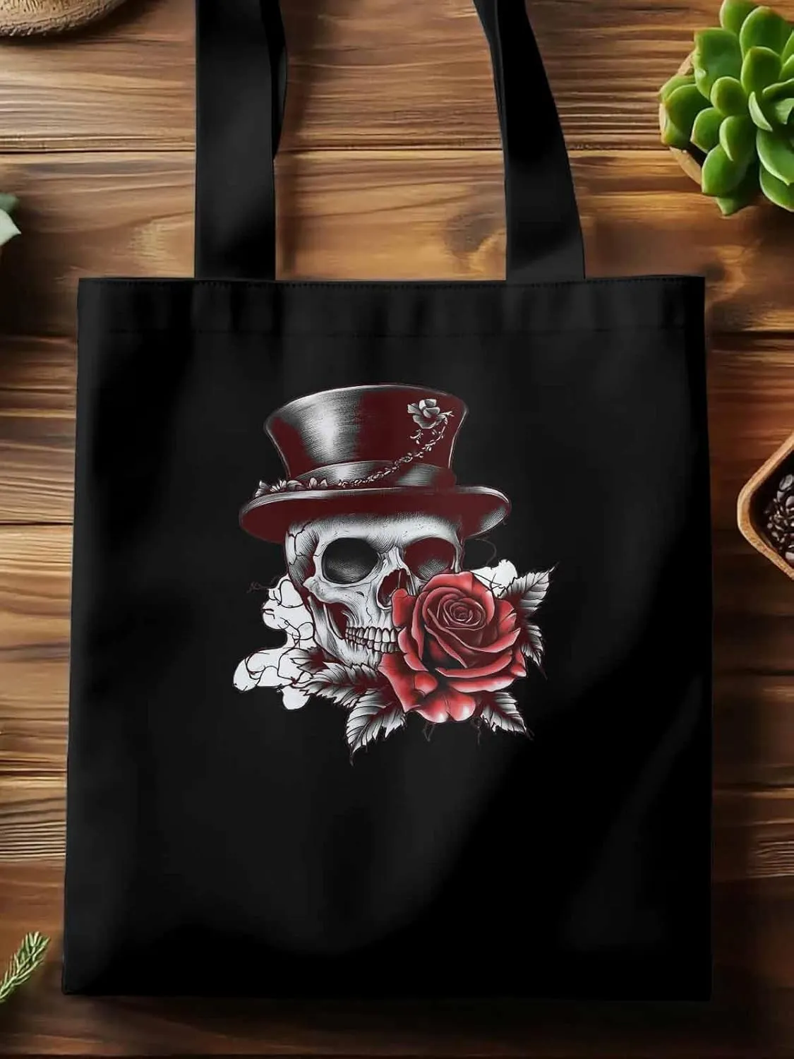 Canvas Tote Bag, Top Hat Skeleton Red Valentine's Rose Aesthetic Canvas Tote Handbags for Women Shoulder Bag