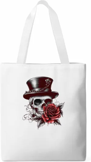 Canvas Tote Bag, Top Hat Skeleton Red Valentine's Rose Aesthetic Canvas Tote Handbags for Women Shoulder Bag