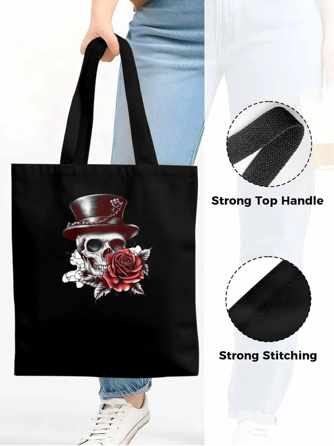 Canvas Tote Bag, Top Hat Skeleton Red Valentine's Rose Aesthetic Canvas Tote Handbags for Women Shoulder Bag