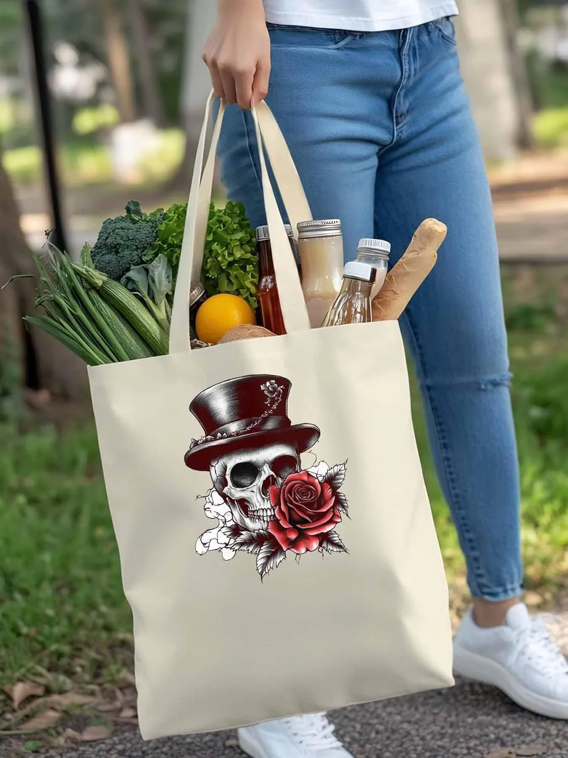 Canvas Tote Bag, Top Hat Skeleton Red Valentine's Rose Aesthetic Canvas Tote Handbags for Women Shoulder Bag