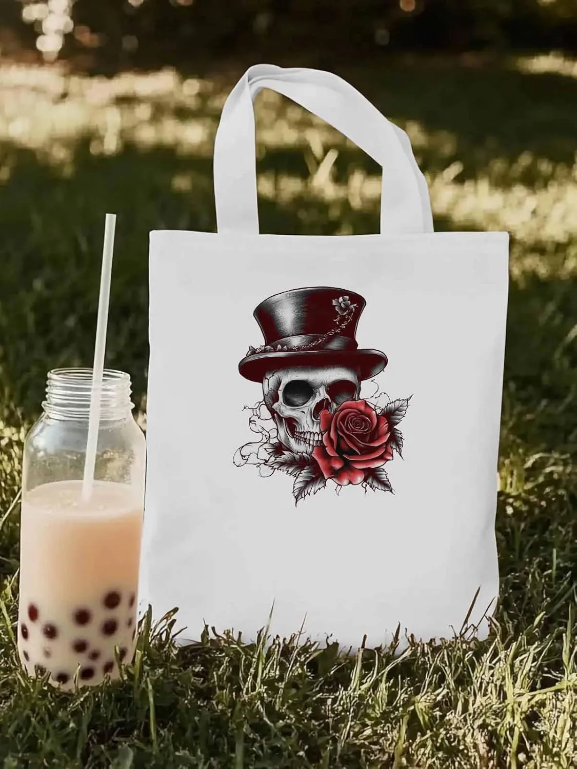 Canvas Tote Bag, Top Hat Skeleton Red Valentine's Rose Aesthetic Canvas Tote Handbags for Women Shoulder Bag