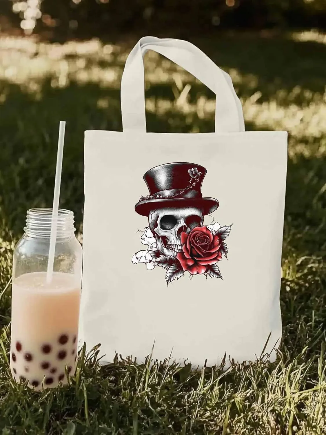 Canvas Tote Bag, Top Hat Skeleton Red Valentine's Rose Aesthetic Canvas Tote Handbags for Women Shoulder Bag