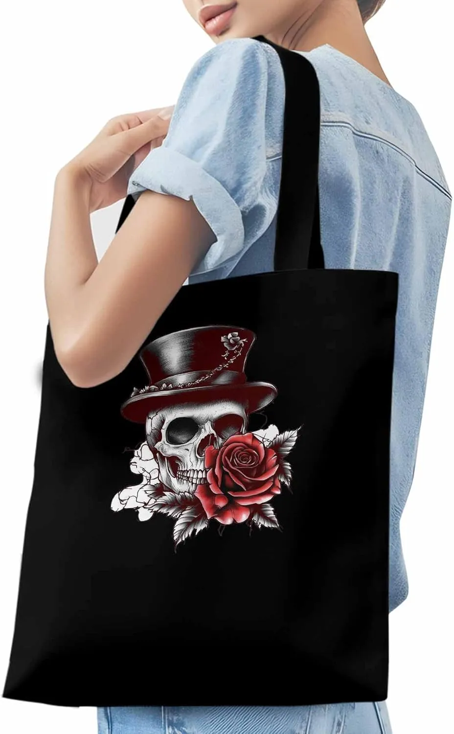 Canvas Tote Bag, Top Hat Skeleton Red Valentine's Rose Aesthetic Canvas Tote Handbags for Women Shoulder Bag