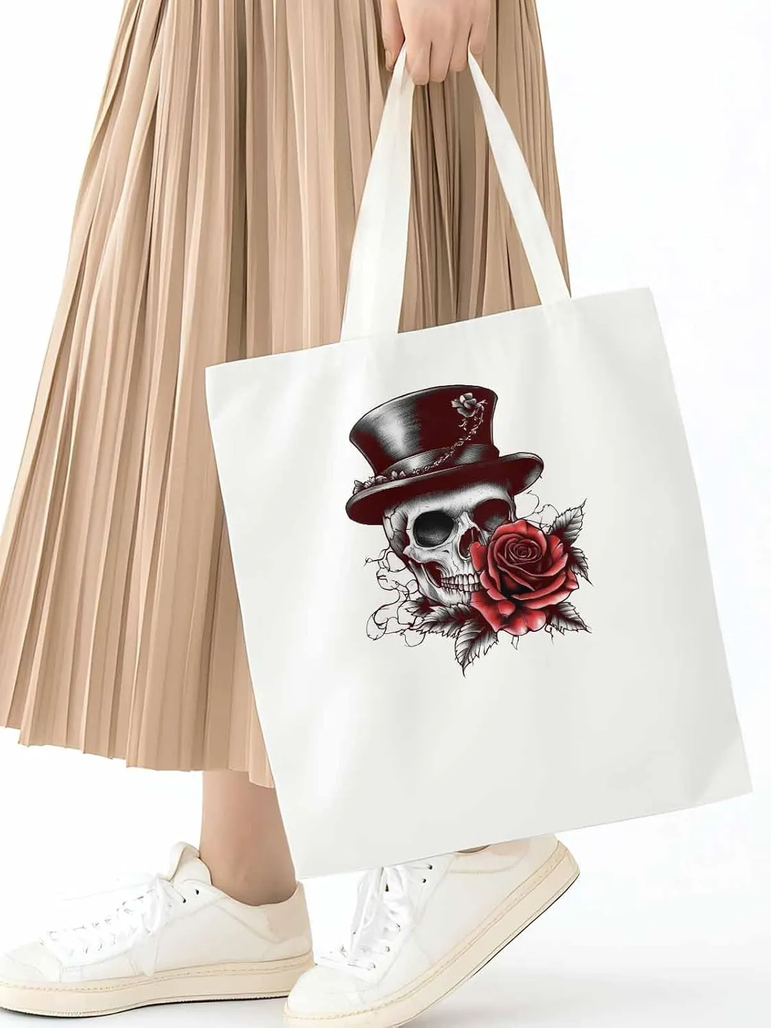 Canvas Tote Bag, Top Hat Skeleton Red Valentine's Rose Aesthetic Canvas Tote Handbags for Women Shoulder Bag
