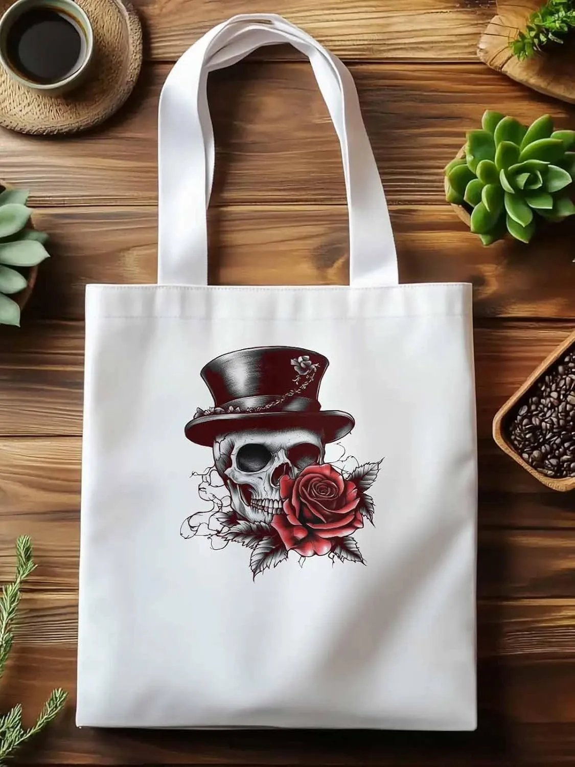 Canvas Tote Bag, Top Hat Skeleton Red Valentine's Rose Aesthetic Canvas Tote Handbags for Women Shoulder Bag