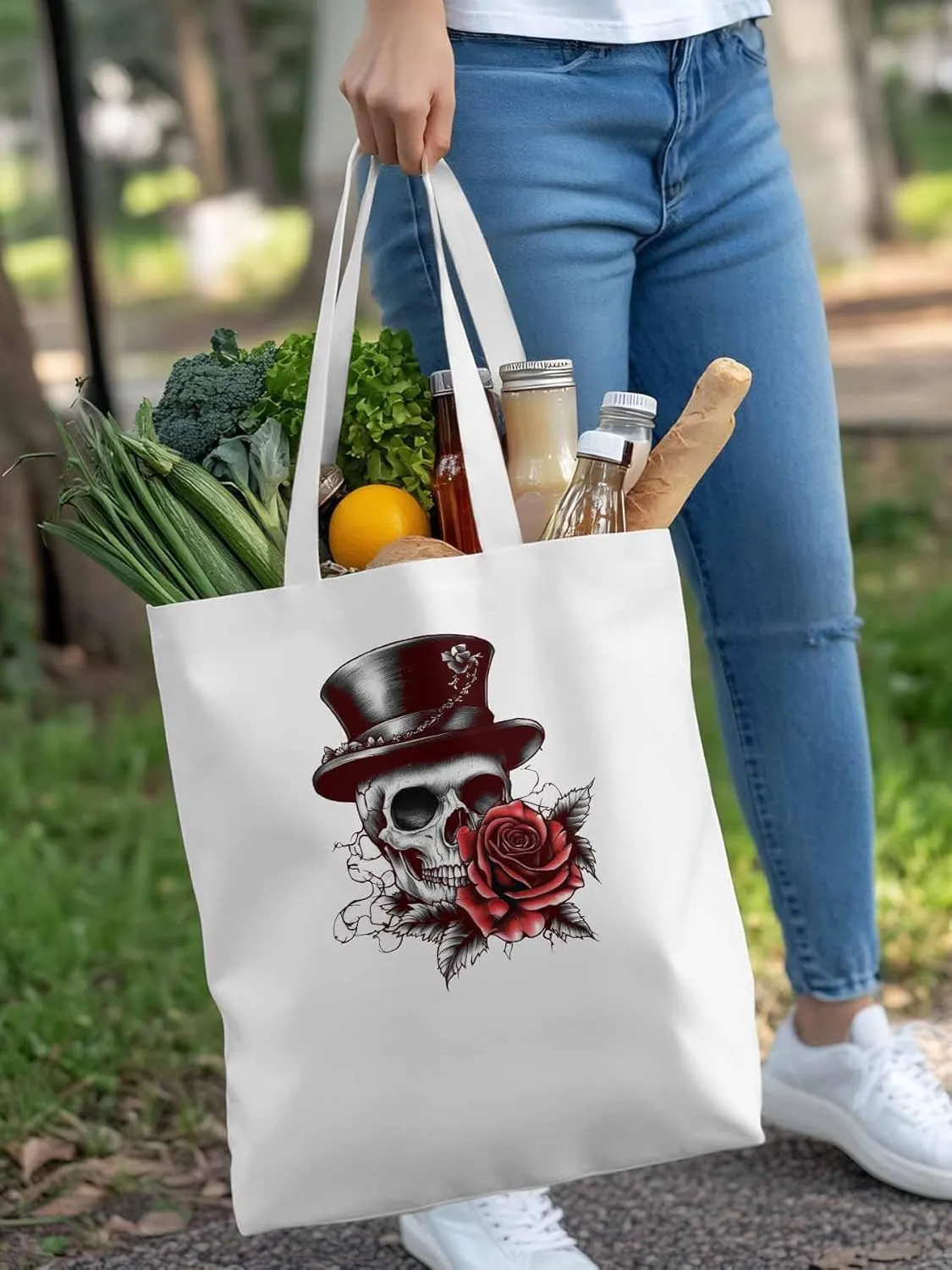 Canvas Tote Bag, Top Hat Skeleton Red Valentine's Rose Aesthetic Canvas Tote Handbags for Women Shoulder Bag