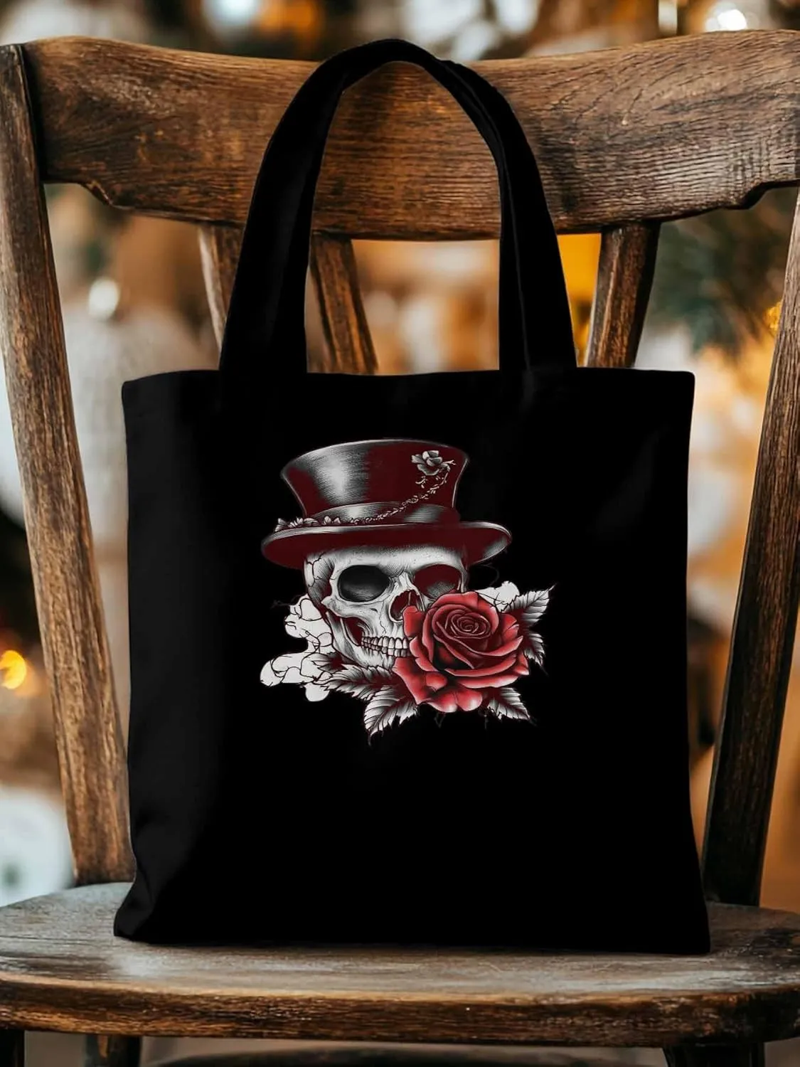 Canvas Tote Bag, Top Hat Skeleton Red Valentine's Rose Aesthetic Canvas Tote Handbags for Women Shoulder Bag