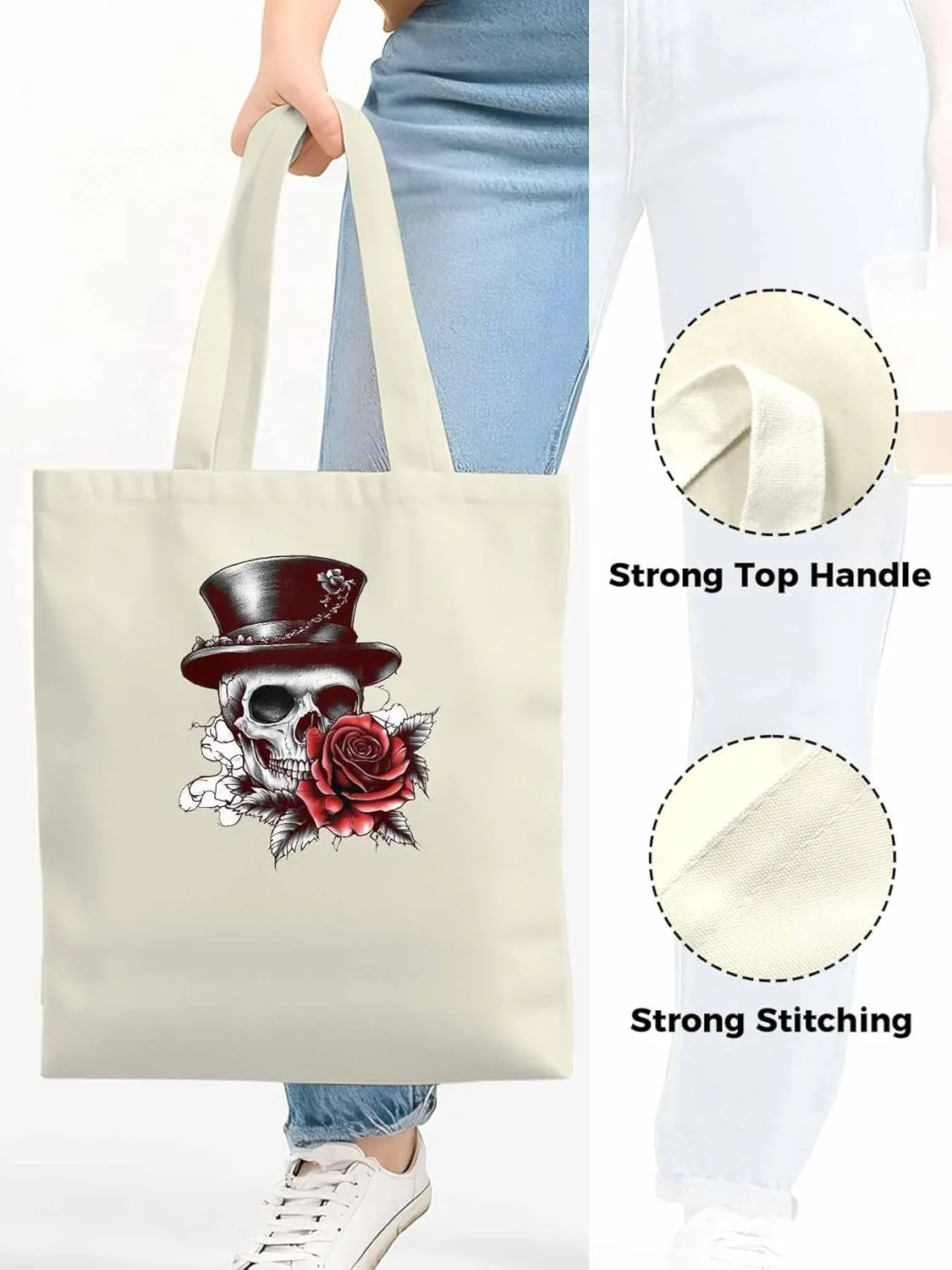 Canvas Tote Bag, Top Hat Skeleton Red Valentine's Rose Aesthetic Canvas Tote Handbags for Women Shoulder Bag