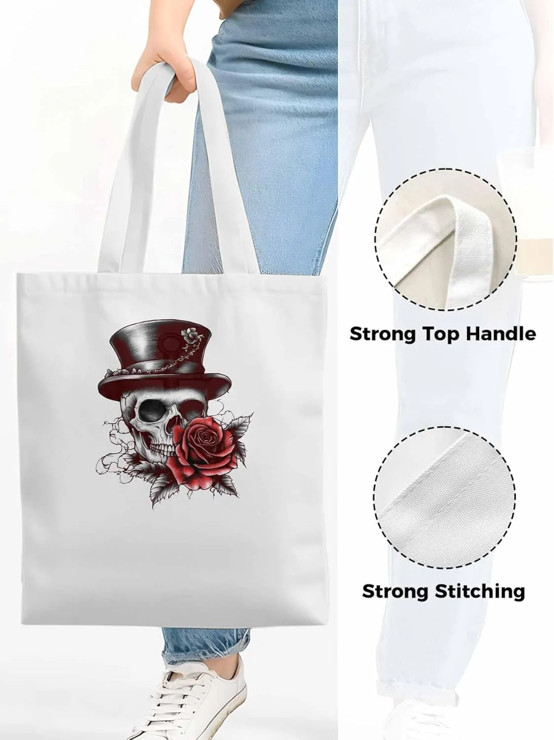 Canvas Tote Bag, Top Hat Skeleton Red Valentine's Rose Aesthetic Canvas Tote Handbags for Women Shoulder Bag