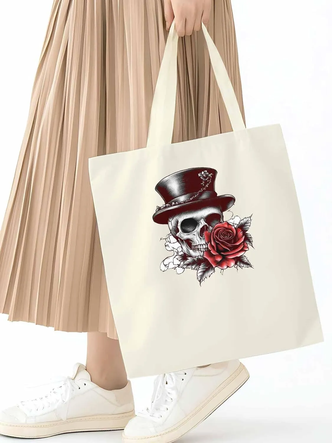 Canvas Tote Bag, Top Hat Skeleton Red Valentine's Rose Aesthetic Canvas Tote Handbags for Women Shoulder Bag