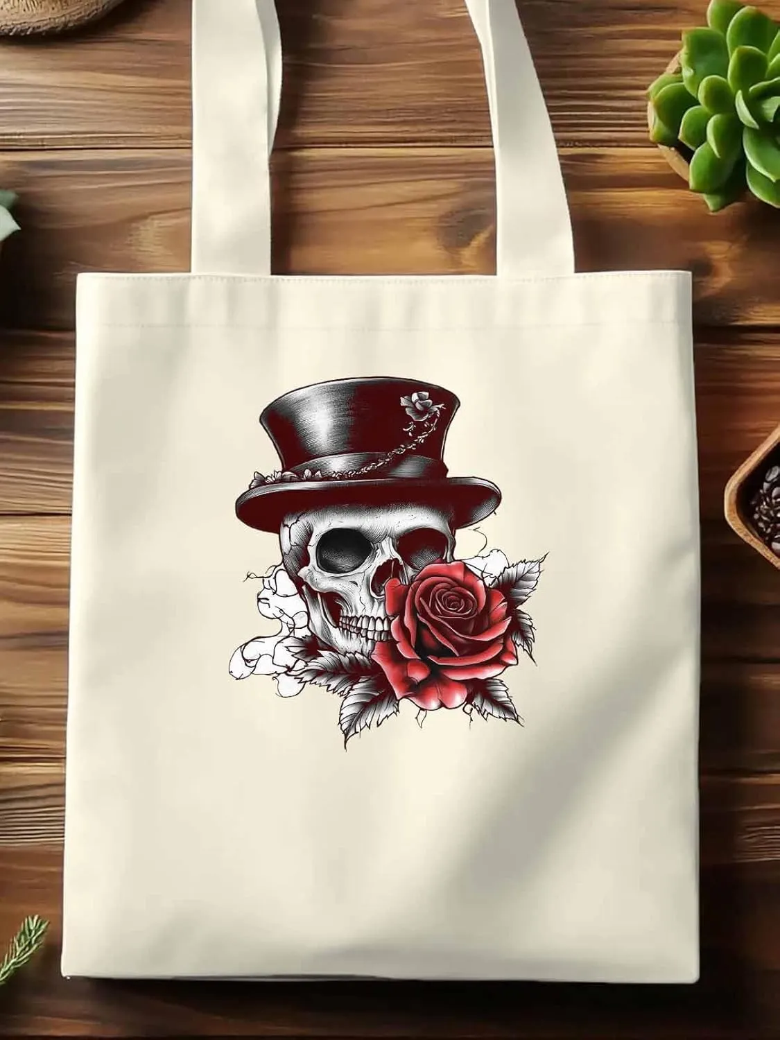 Canvas Tote Bag, Top Hat Skeleton Red Valentine's Rose Aesthetic Canvas Tote Handbags for Women Shoulder Bag